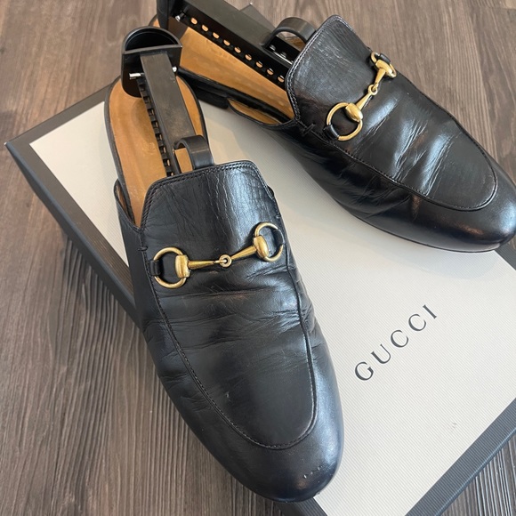 Authentic GUCCI PRINCETOWN LEATHER SLIPPER slides mules black gold 38.5 loafers - Picture 14 of 16